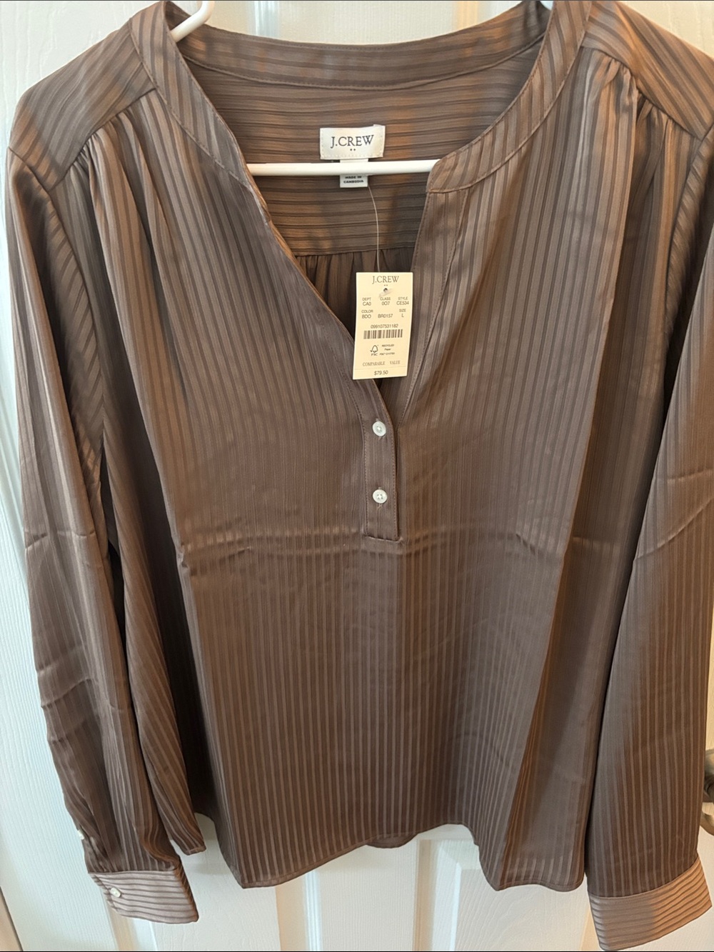 J. Crew Taupe Satin-Striped Henley Blouse